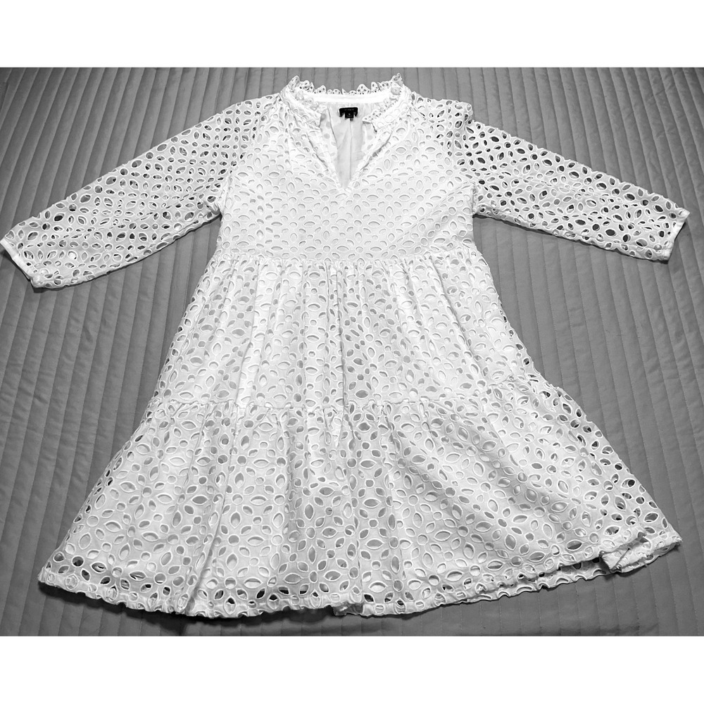 J.Crew White‎ Eyelet Tiered Mini Dress V-Neck Scalloped Trim Long Sleeve Small